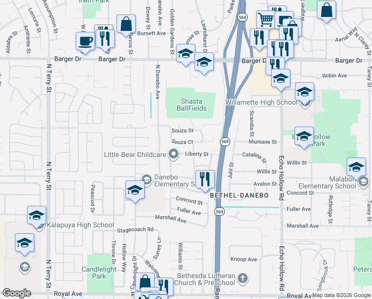 map of restaurants, bars, coffee shops, grocery stores, and more near 4567 Liberty Street in Eugene