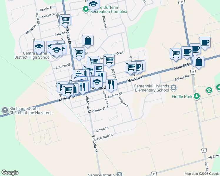 map of restaurants, bars, coffee shops, grocery stores, and more near 317 Main Street East in Shelburne