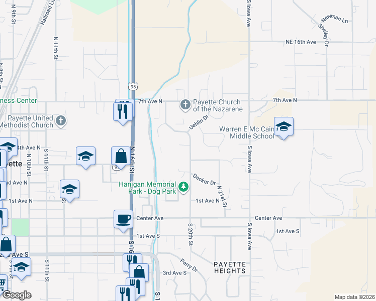 map of restaurants, bars, coffee shops, grocery stores, and more near 325 North 20th Street in Payette