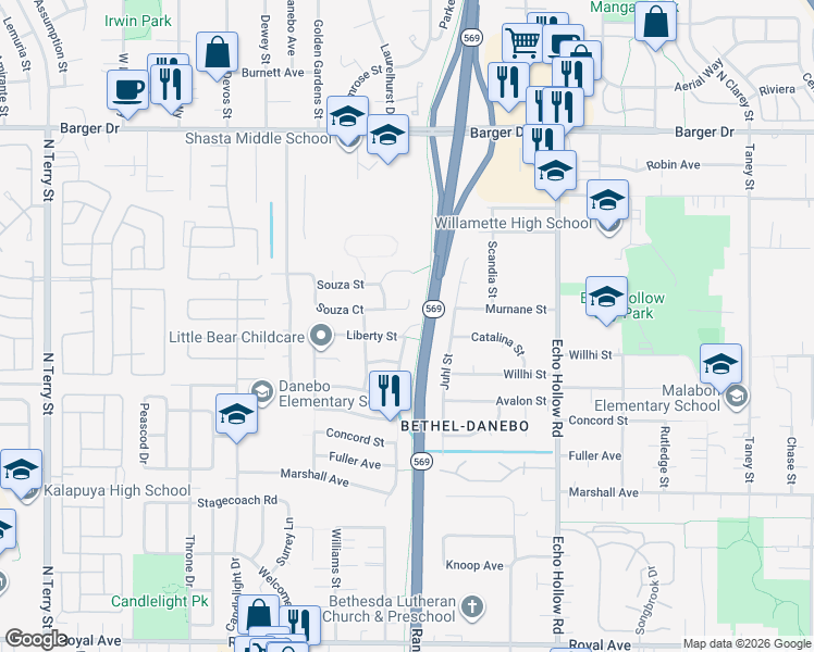 map of restaurants, bars, coffee shops, grocery stores, and more near 4525 Liberty Street in Eugene