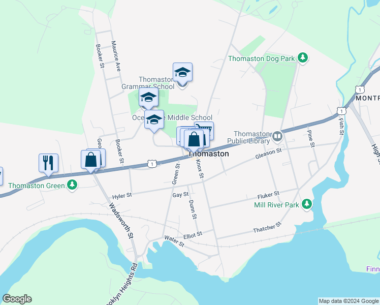 map of restaurants, bars, coffee shops, grocery stores, and more near 173 Main Street in Thomaston