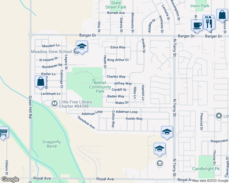 map of restaurants, bars, coffee shops, grocery stores, and more near 5514 Cardiff Street in Eugene