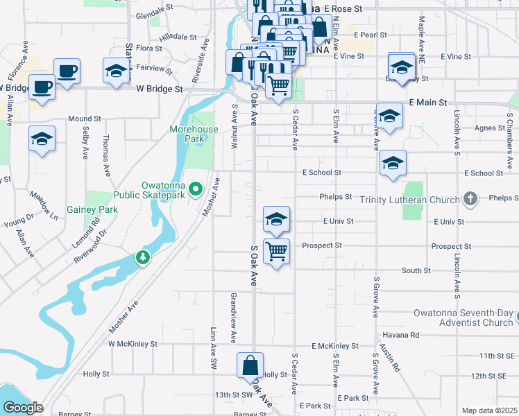 map of restaurants, bars, coffee shops, grocery stores, and more near 615 South Oak Avenue in Owatonna