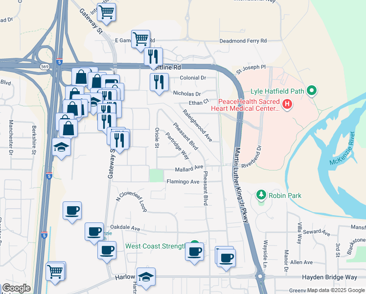 map of restaurants, bars, coffee shops, grocery stores, and more near 3175 Partridge Way in Springfield