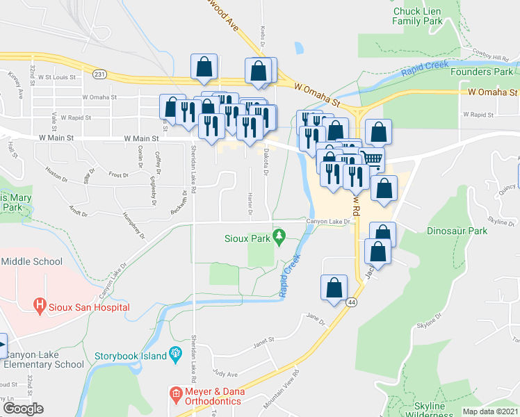 map of restaurants, bars, coffee shops, grocery stores, and more near 725 Dakota Drive in Rapid City