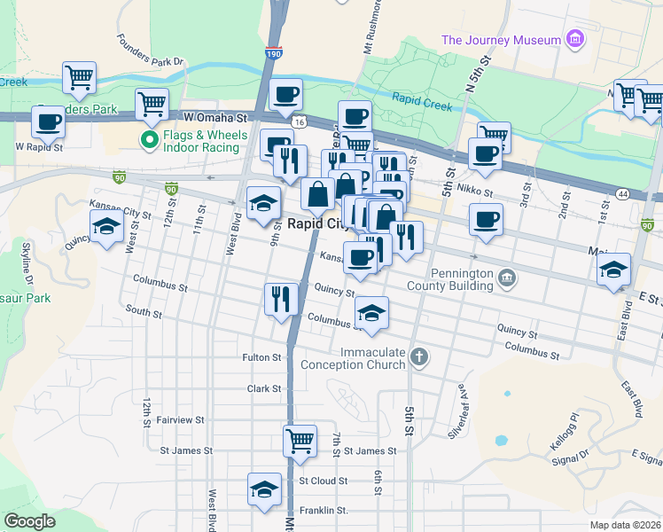 map of restaurants, bars, coffee shops, grocery stores, and more near 715 Kansas City Street in Rapid City