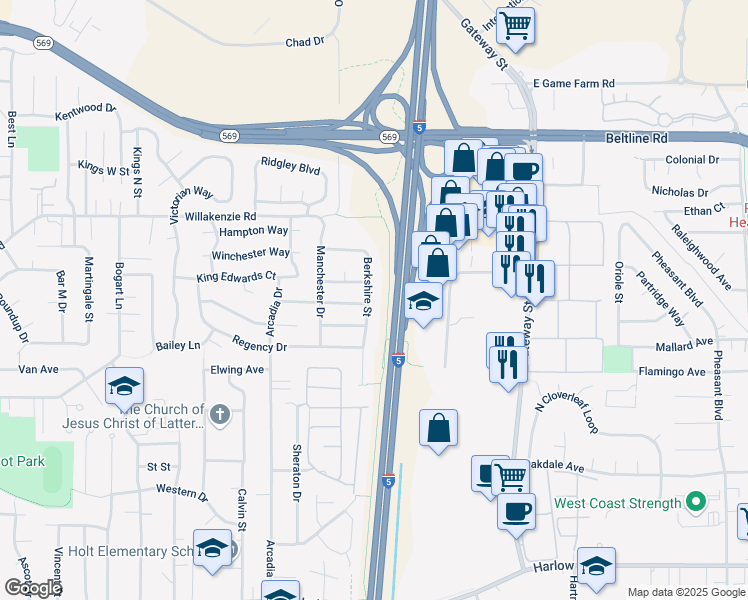 map of restaurants, bars, coffee shops, grocery stores, and more near 3699 Berkshire Street in Eugene