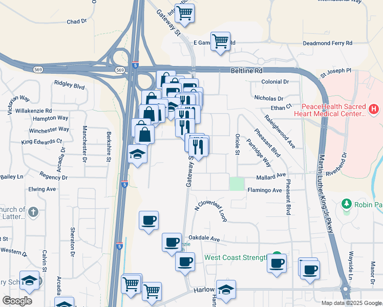 map of restaurants, bars, coffee shops, grocery stores, and more near Gateway Street in Springfield