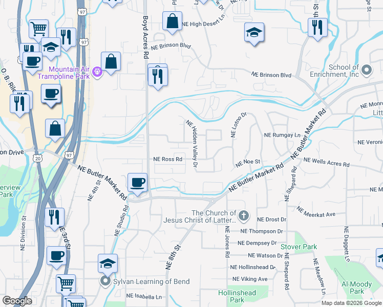 map of restaurants, bars, coffee shops, grocery stores, and more near 895 Northeast Hidden Valley Drive in Bend