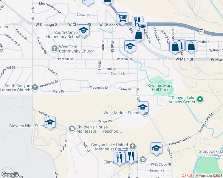 map of restaurants, bars, coffee shops, grocery stores, and more near 3701 Reder Street in Rapid City