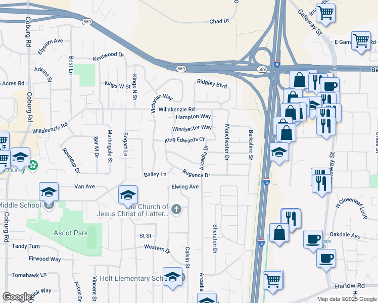 map of restaurants, bars, coffee shops, grocery stores, and more near 3354 King Edwards Ct in Eugene