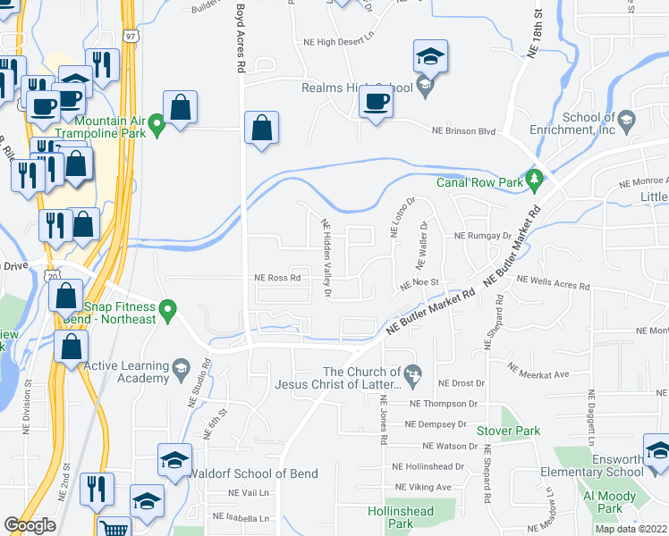 map of restaurants, bars, coffee shops, grocery stores, and more near 894 Northeast Hidden Valley Drive in Bend