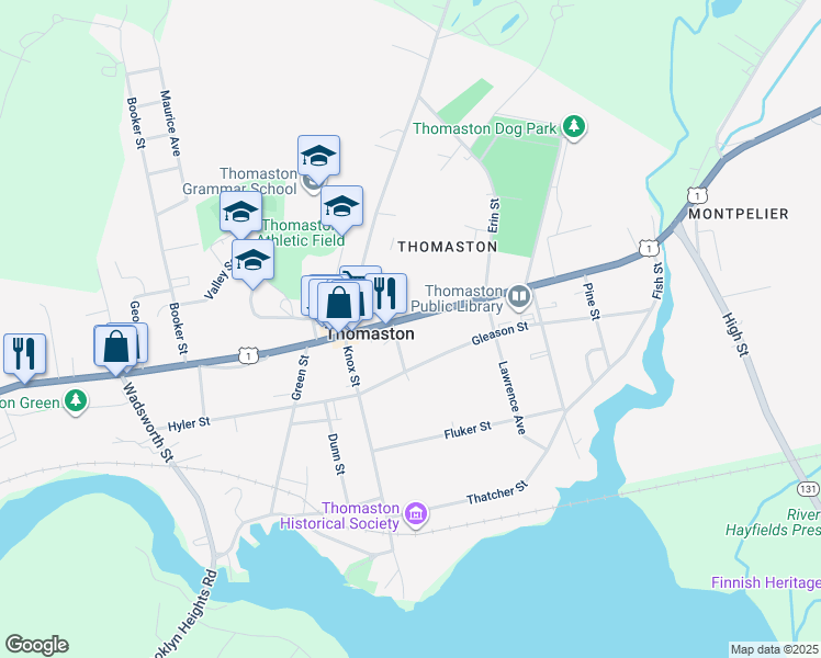 map of restaurants, bars, coffee shops, grocery stores, and more near 60 Main Street in Thomaston