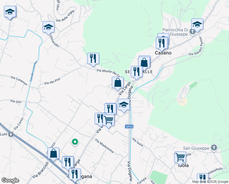 map of restaurants, bars, coffee shops, grocery stores, and more near 13 Via delle Rose in Casano