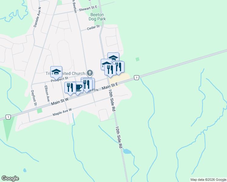 map of restaurants, bars, coffee shops, grocery stores, and more near 9 Patterson Street South in New Tecumseth