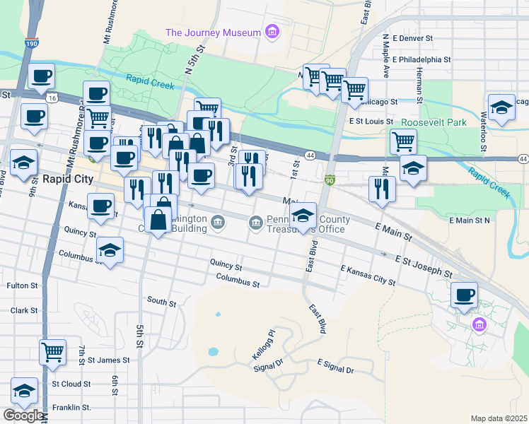map of restaurants, bars, coffee shops, grocery stores, and more near 500-598 2nd St in Rapid City