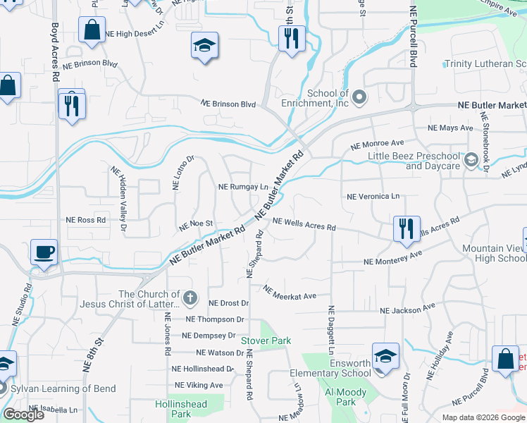 map of restaurants, bars, coffee shops, grocery stores, and more near 1598 Northeast Wells Acres Road in Bend