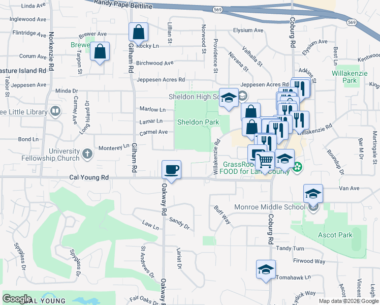 map of restaurants, bars, coffee shops, grocery stores, and more near 1500 Queens Way in Eugene