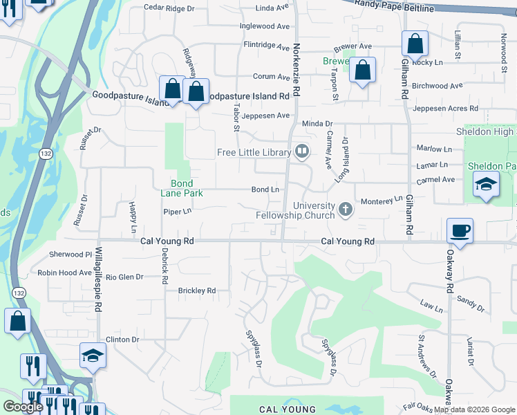 map of restaurants, bars, coffee shops, grocery stores, and more near 1515 Farm House Drive in Eugene