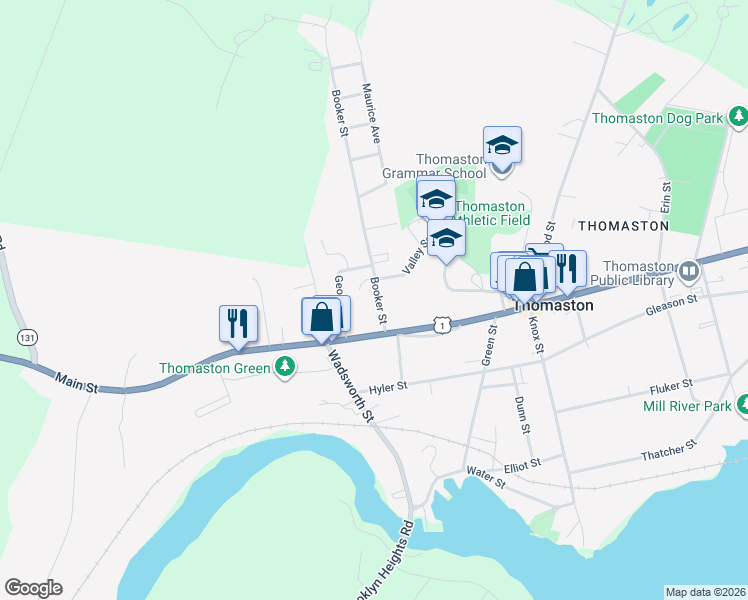 map of restaurants, bars, coffee shops, grocery stores, and more near 17 Booker Street in Thomaston