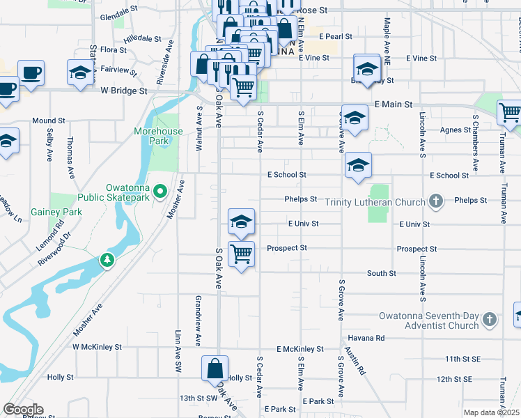 map of restaurants, bars, coffee shops, grocery stores, and more near 618 South Cedar Avenue in Owatonna