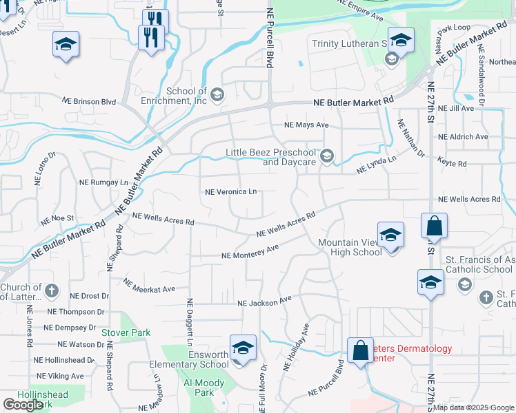 map of restaurants, bars, coffee shops, grocery stores, and more near 2957 Northeast Bluebell Lane in Bend