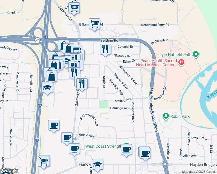 map of restaurants, bars, coffee shops, grocery stores, and more near 668 Swan Court in Springfield