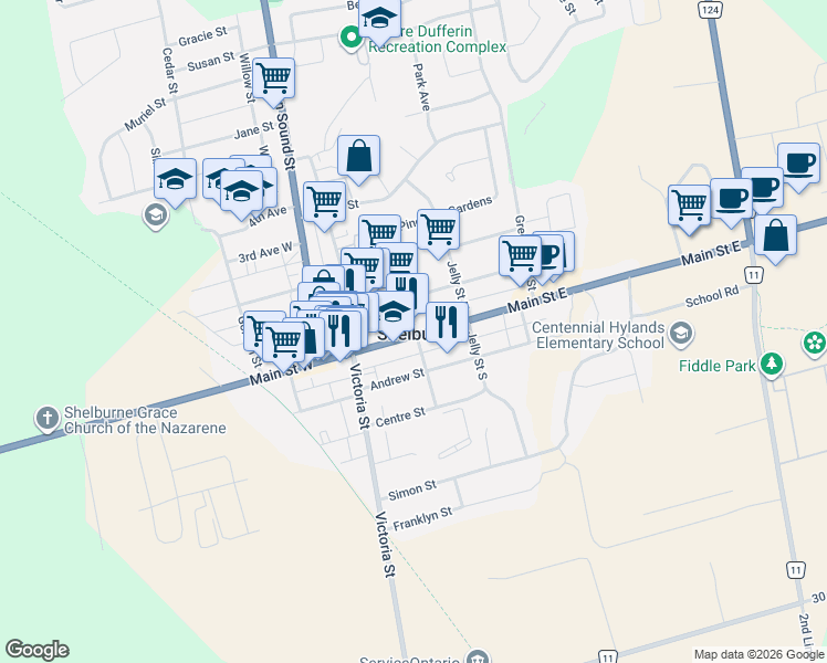 map of restaurants, bars, coffee shops, grocery stores, and more near in Shelburne