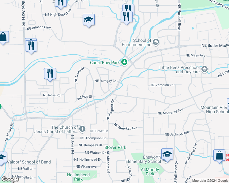 map of restaurants, bars, coffee shops, grocery stores, and more near 1526 Northeast Butler Market Road in Bend
