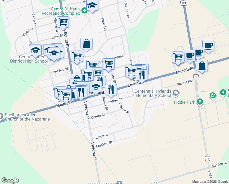map of restaurants, bars, coffee shops, grocery stores, and more near 329 Main Street East in Shelburne