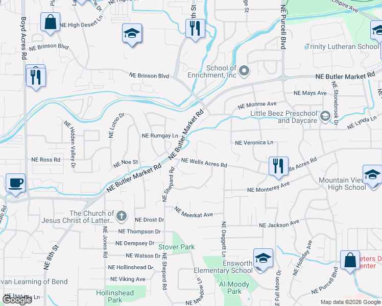 map of restaurants, bars, coffee shops, grocery stores, and more near 2929 Northeast Village Court in Bend