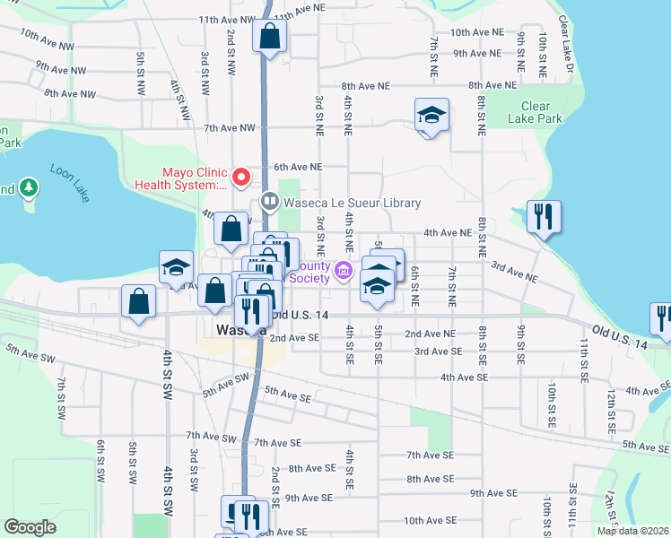 map of restaurants, bars, coffee shops, grocery stores, and more near 308 3rd Avenue Northwest in Waseca