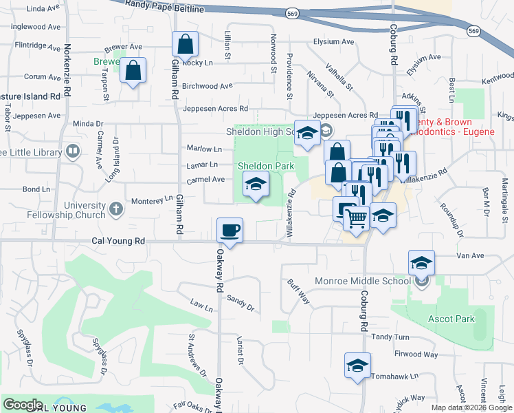 map of restaurants, bars, coffee shops, grocery stores, and more near 1500 Queens Way in Eugene