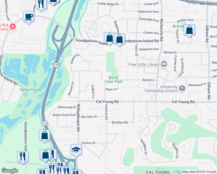 map of restaurants, bars, coffee shops, grocery stores, and more near 1223 Piper Lane in Eugene