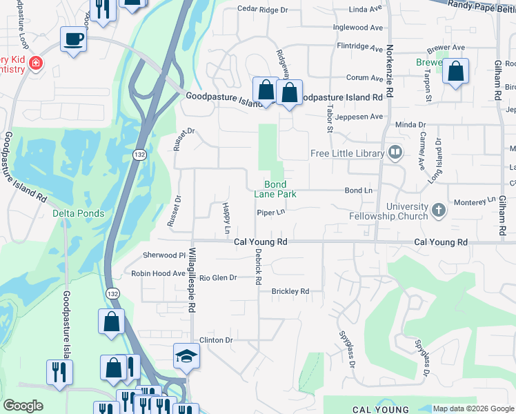 map of restaurants, bars, coffee shops, grocery stores, and more near 1223 Piper Lane in Eugene