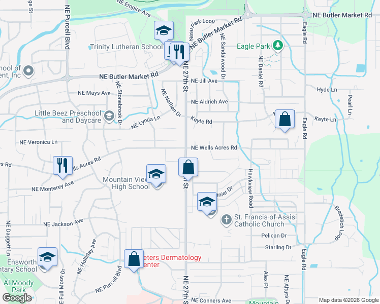 map of restaurants, bars, coffee shops, grocery stores, and more near 2719 Northeast Wells Acres Road in Bend