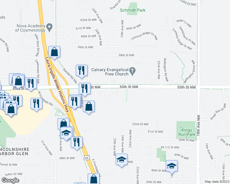 map of restaurants, bars, coffee shops, grocery stores, and more near 2557 Georgetowne Place Northwest in Rochester