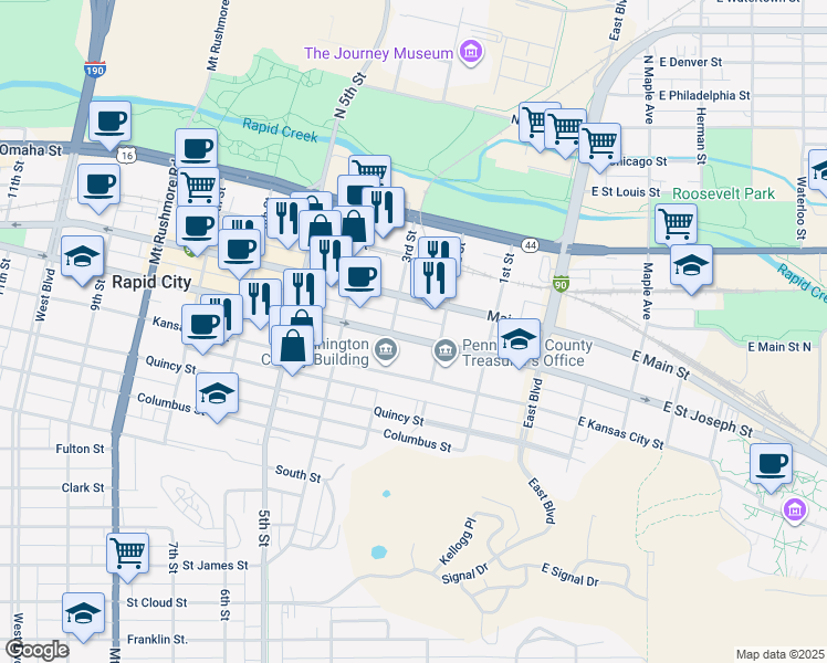 map of restaurants, bars, coffee shops, grocery stores, and more near 218 Interstate 90 Business Loop in Rapid City