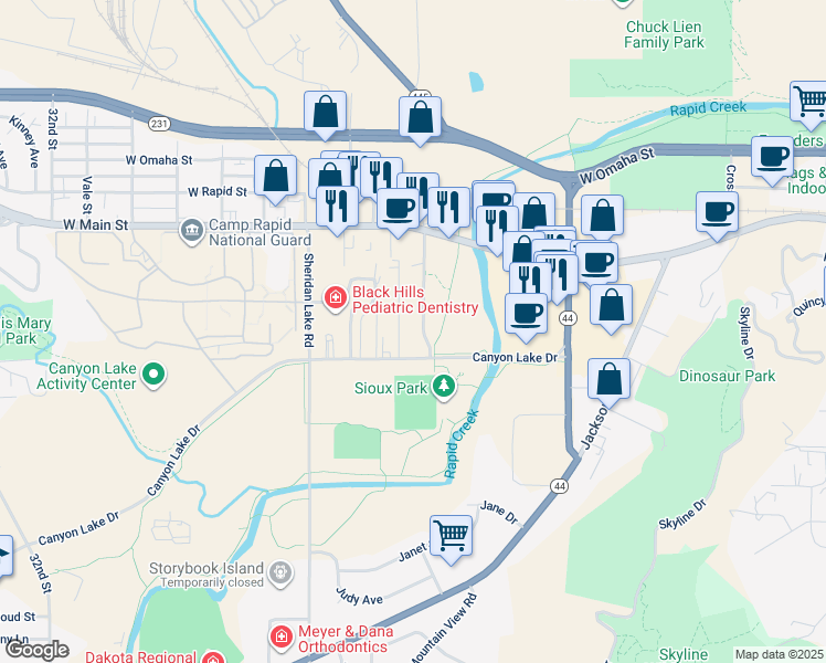 map of restaurants, bars, coffee shops, grocery stores, and more near 725 Dakota Drive in Rapid City