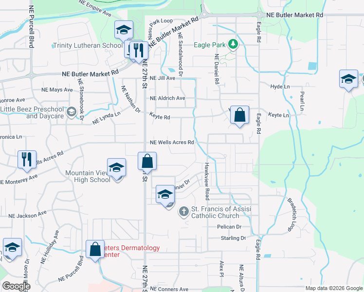 map of restaurants, bars, coffee shops, grocery stores, and more near 2850 Northeast 27th Street in Bend