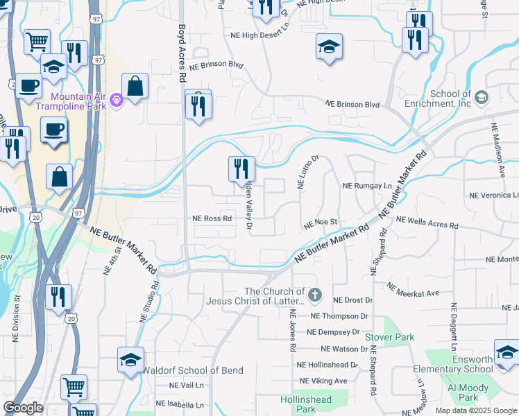 map of restaurants, bars, coffee shops, grocery stores, and more near 899 Northeast Hidden Valley Drive in Bend