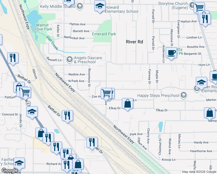 map of restaurants, bars, coffee shops, grocery stores, and more near 1020 North Park Avenue in Eugene
