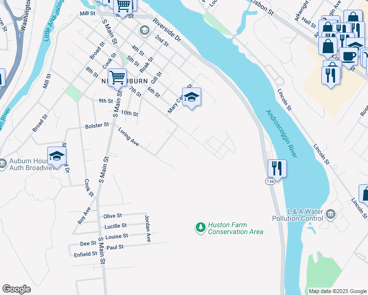 map of restaurants, bars, coffee shops, grocery stores, and more near 29 Huston Avenue in Auburn