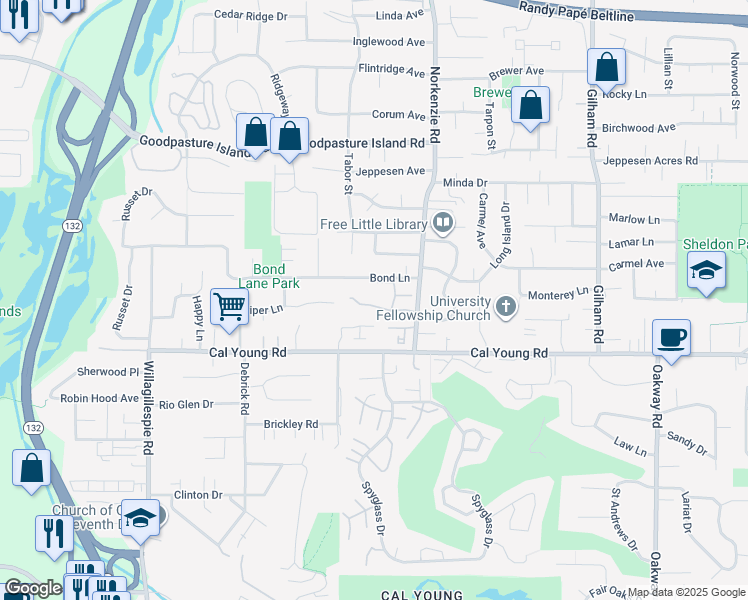 map of restaurants, bars, coffee shops, grocery stores, and more near 1500 Norkenzie Road in Eugene