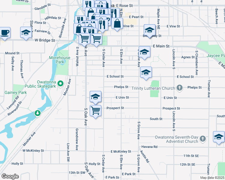map of restaurants, bars, coffee shops, grocery stores, and more near 122 East University Street in Owatonna
