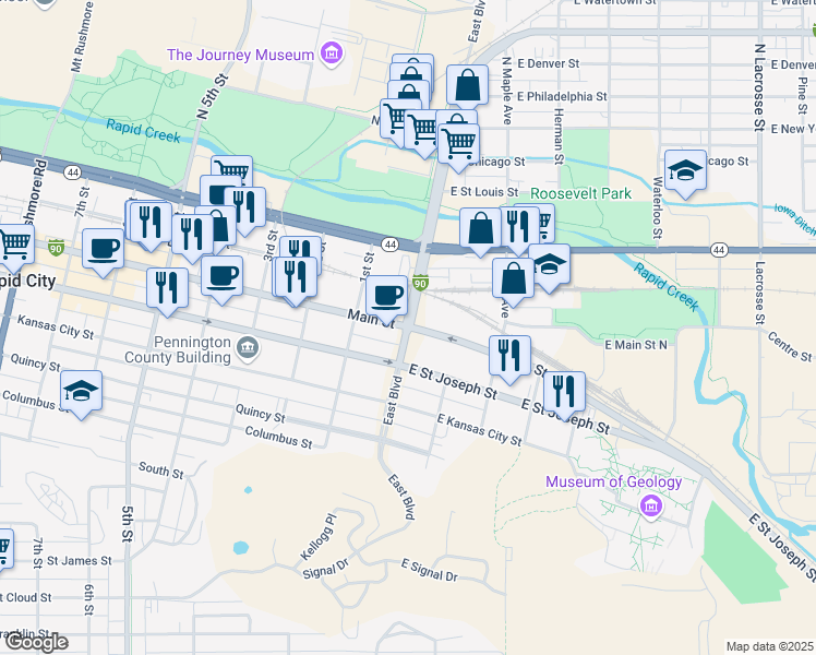 map of restaurants, bars, coffee shops, grocery stores, and more near 1 Main Street in Rapid City