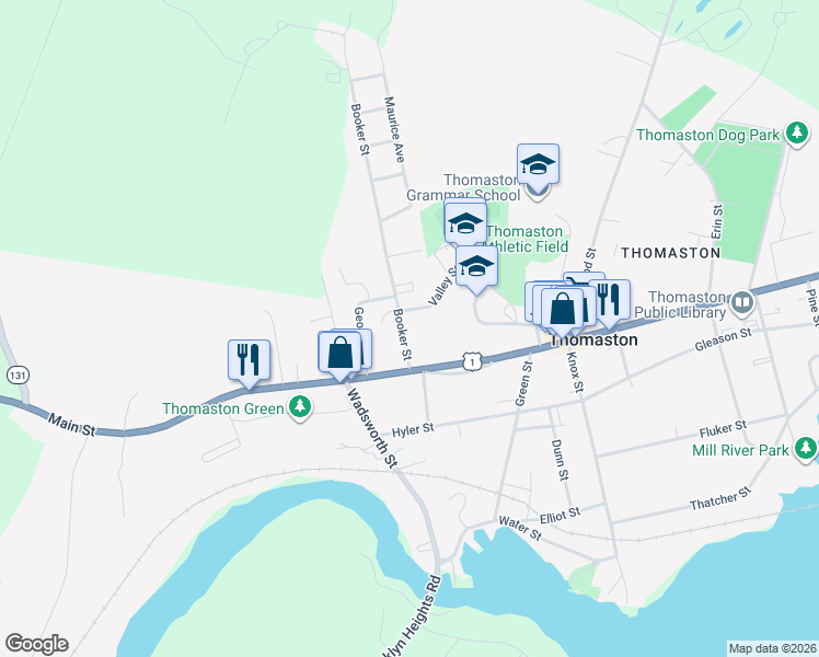 map of restaurants, bars, coffee shops, grocery stores, and more near 17 Booker Street in Thomaston