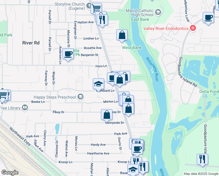 map of restaurants, bars, coffee shops, grocery stores, and more near in Lane County