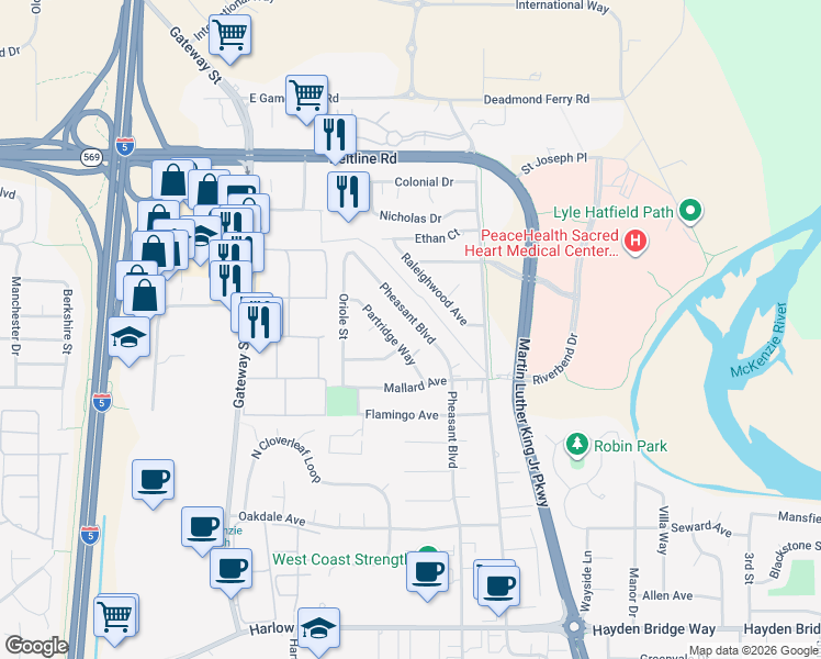 map of restaurants, bars, coffee shops, grocery stores, and more near 3175 Partridge Way in Springfield