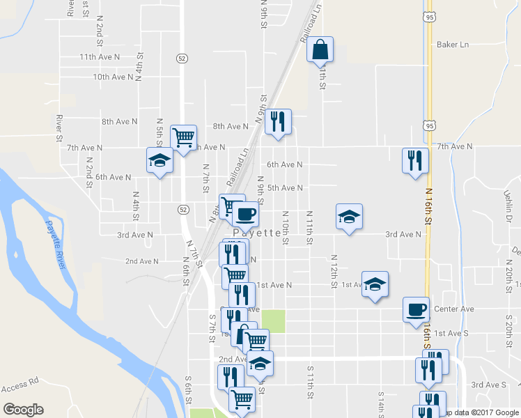 map of restaurants, bars, coffee shops, grocery stores, and more near 405 N 9th St in Payette